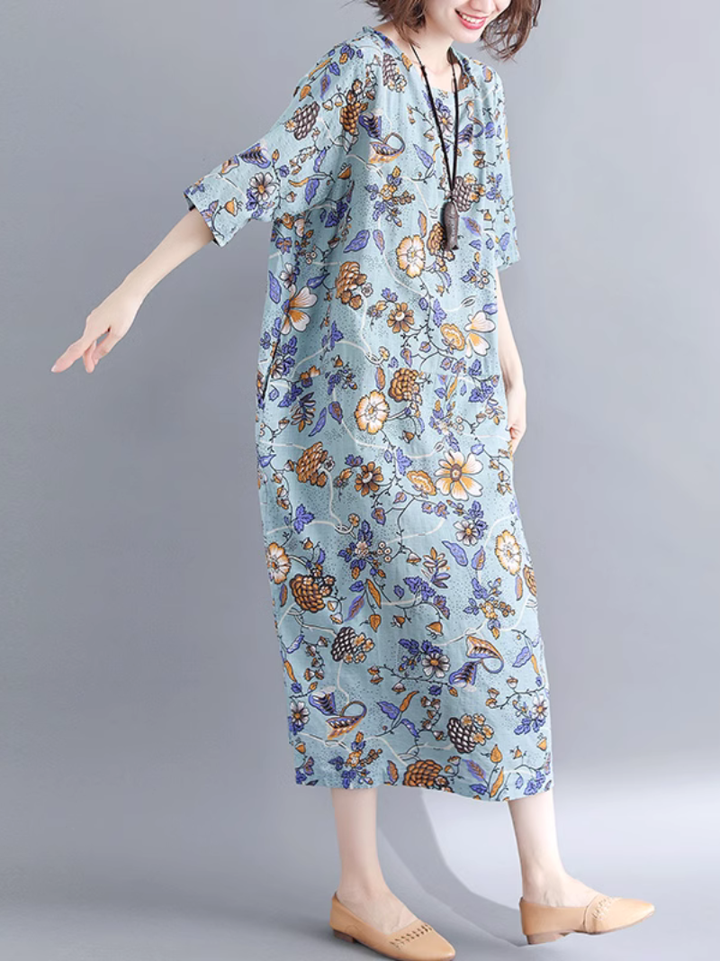 Round Neck Ditsy Floral Short Sleeve Loose Cotton Midi Dress 2