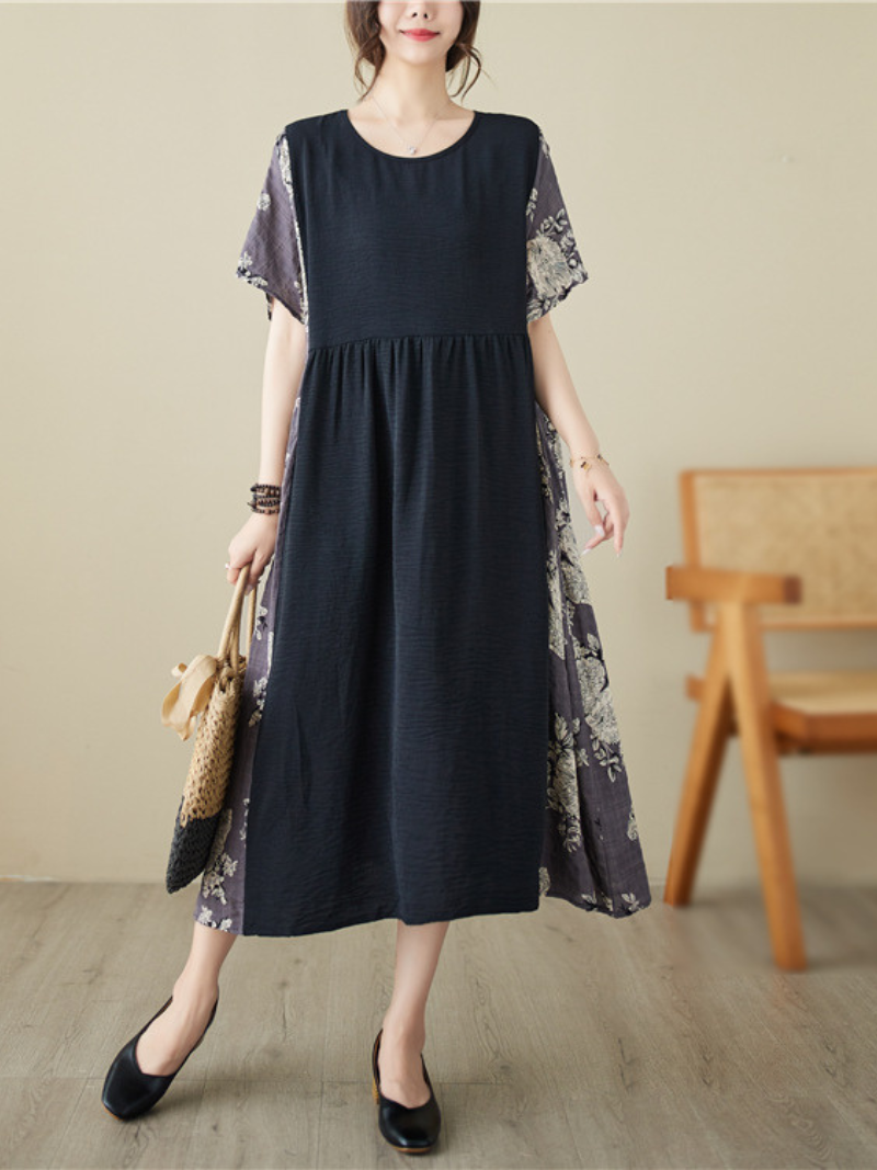 Black Round Neck Short Sleeve Floral Panel Pleated A-Line Midi Dress