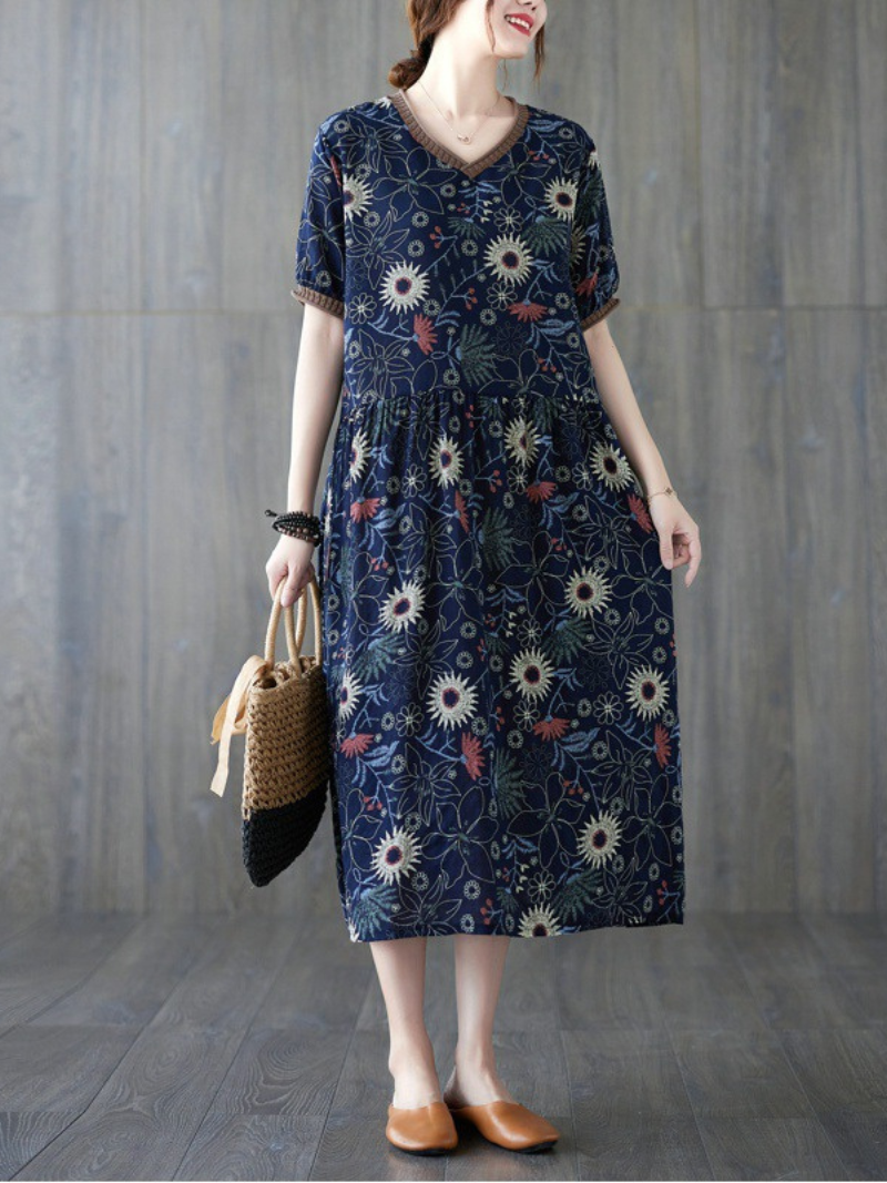 Multicolor V-Neck Short Sleeve Floral Print Pleated Loose Smock Midi Dress