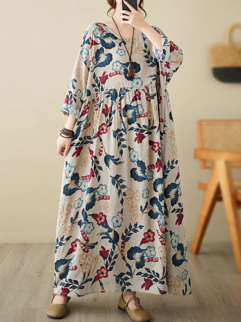 Round Neck Bold Floral Print Smock A-Line Maxi Dress
