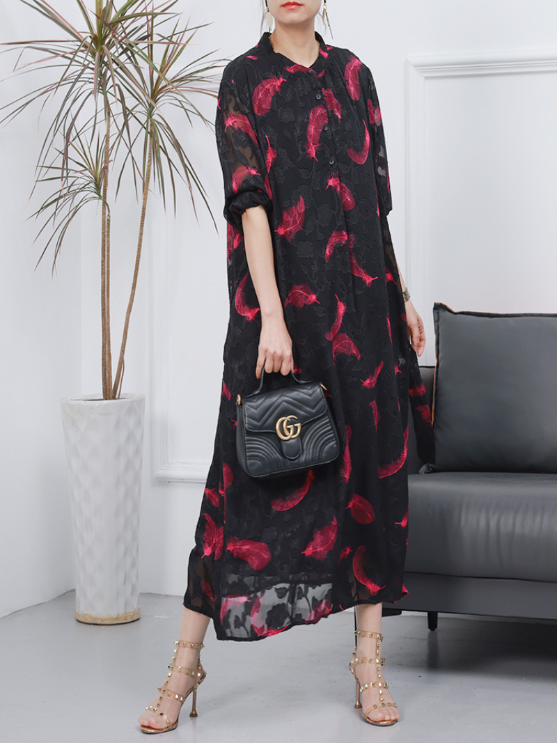 Stand Collar Half Sleeve Feather Print Loose Maxi Dress 9