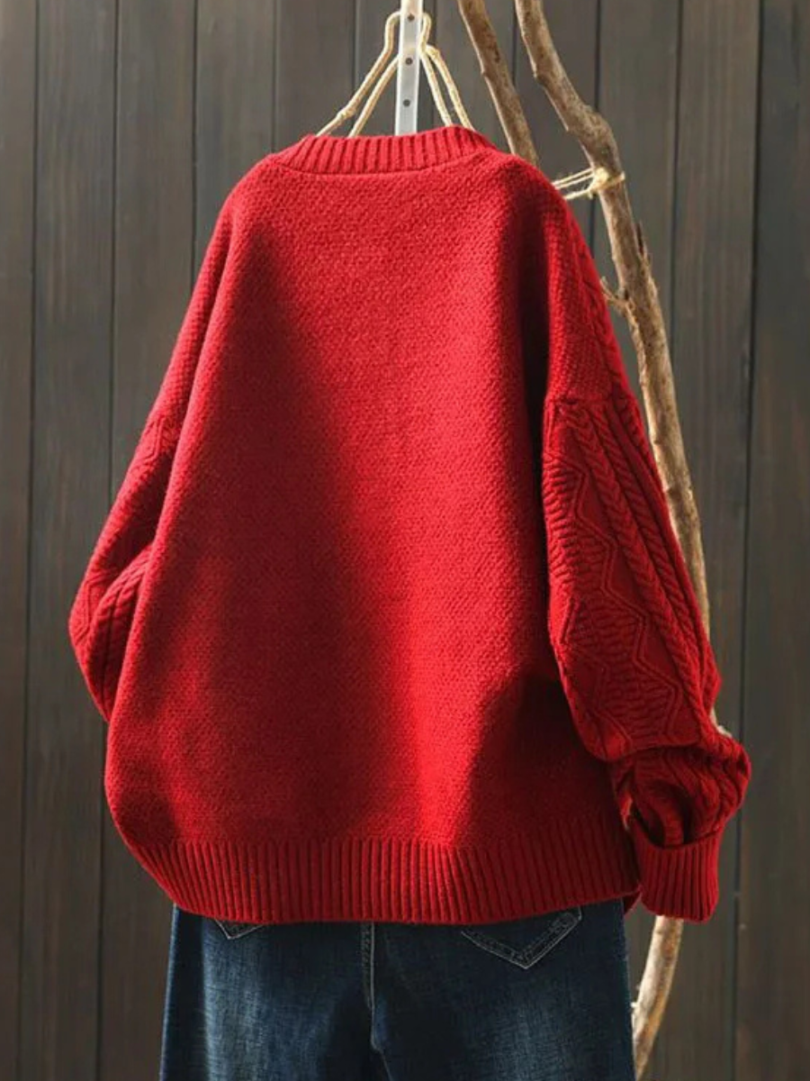 Round Neck Button Front Cable Knit Long Sleeve Cardigan