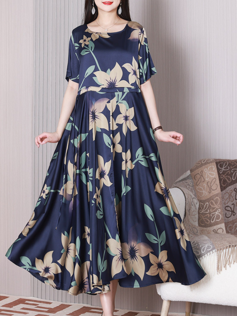 Round Neck Short Sleeve Tulip Floral Empire A-Line Midi Dress 7
