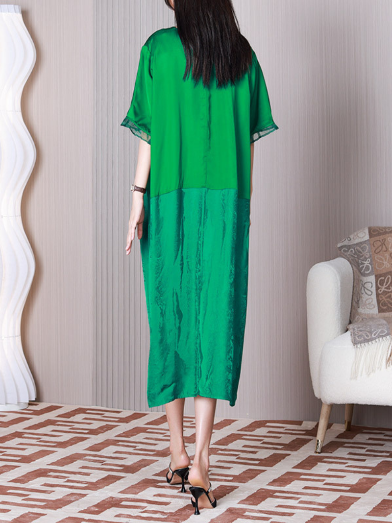 V-Neck Short Sleeve Button Placket Satin Loose A-Line Midi Dress