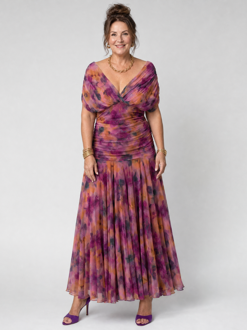 Off-Shoulder Floral Chiffon Ruched Draped A-Line Maxi Dress 18