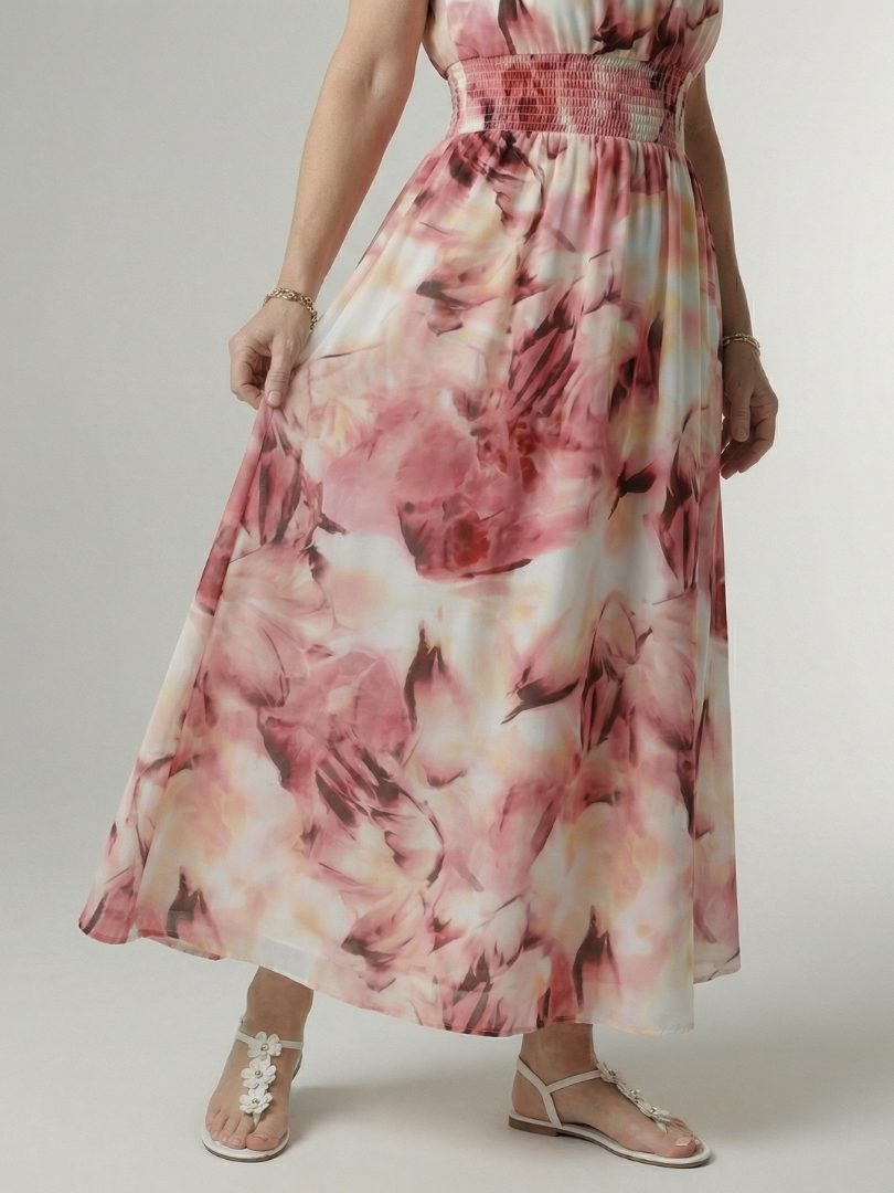 Halter High Neck Sleeveless Tie-Dye Print Shirred Waist Maxi Dress