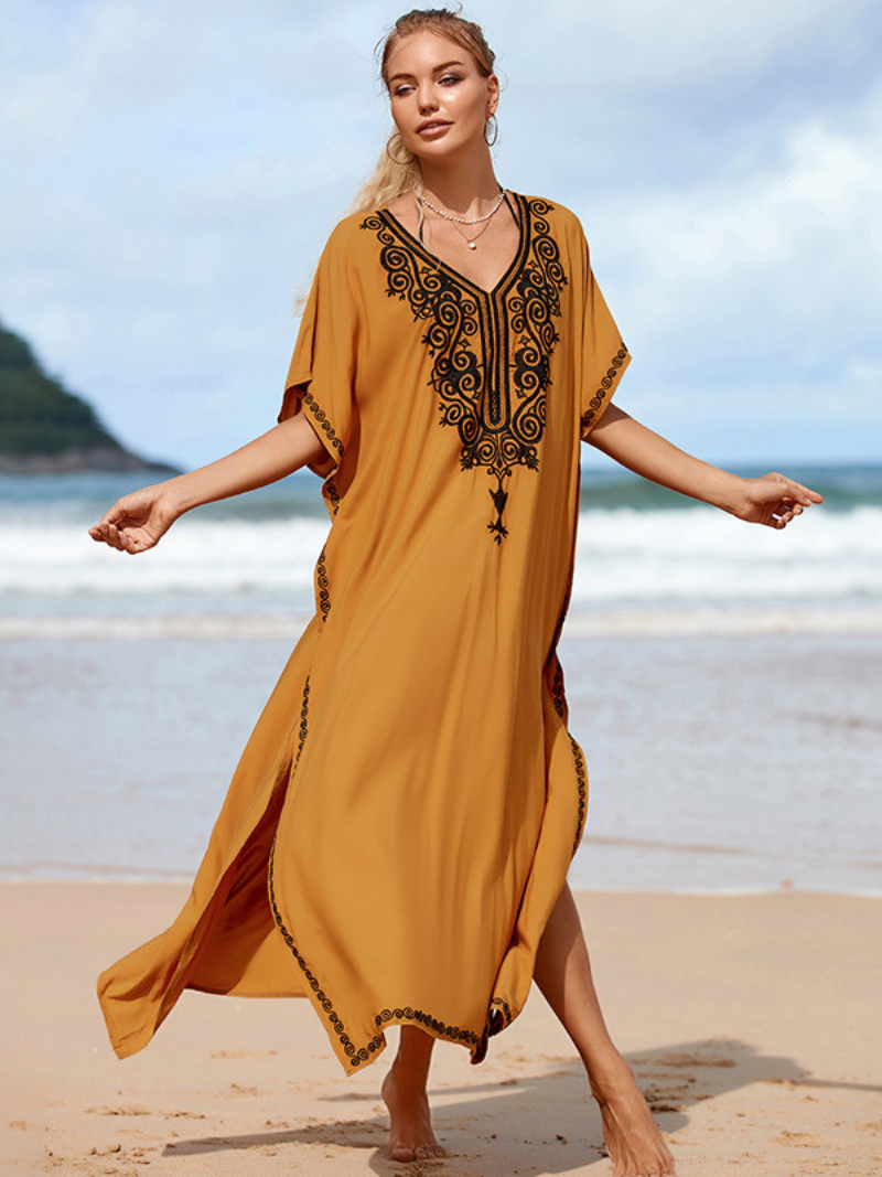 Yellow V-Neck Embroidered Side Slit Kaftan Maxi Dress
