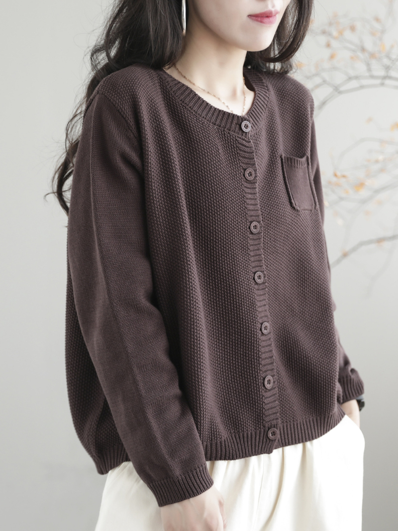 Round Neck Long Sleeve Button Front Patch Pocket Knit Cardigan