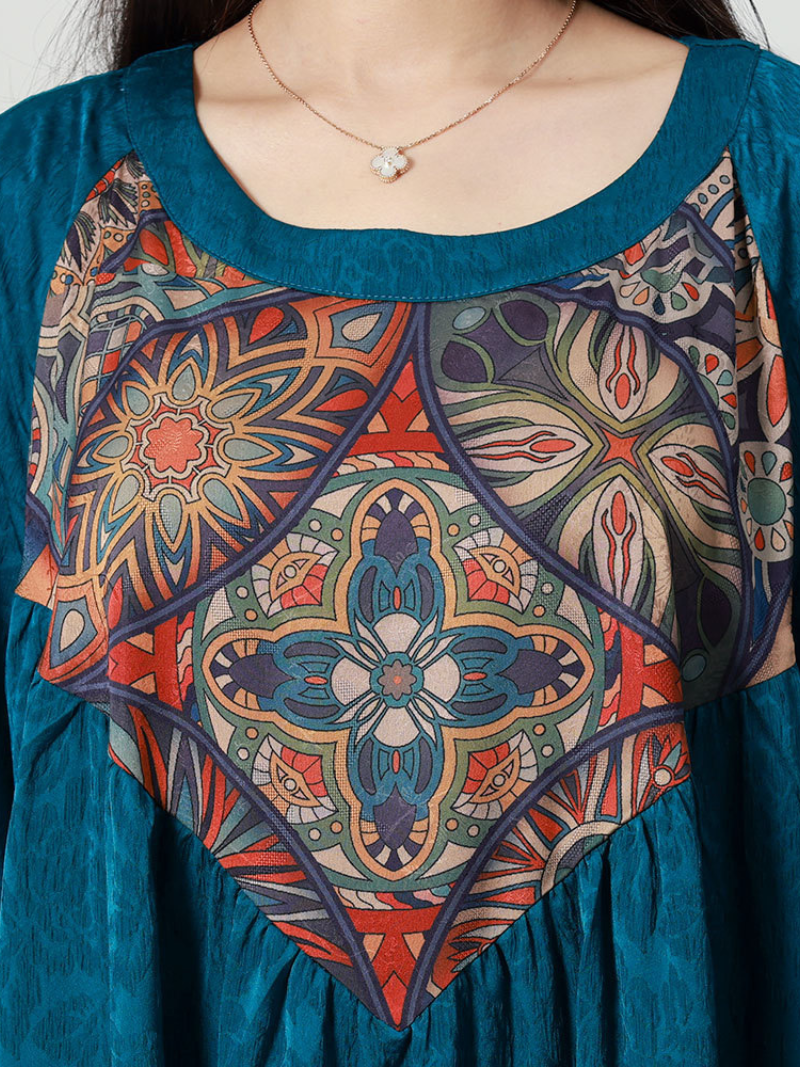 Round Neck Printed Yoke Half Sleeve Jacquard A-Line Maxi Dress 5
