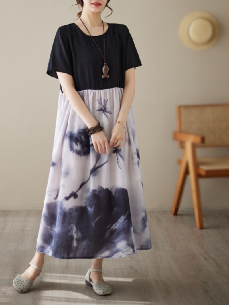 Black Round Neck Short Sleeve Ink Print A-Line Midi Dress