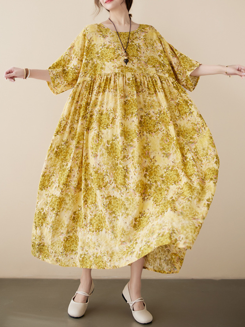 Round Neck Short Sleeve Floral Print Pleated Smock Maxi Dress
