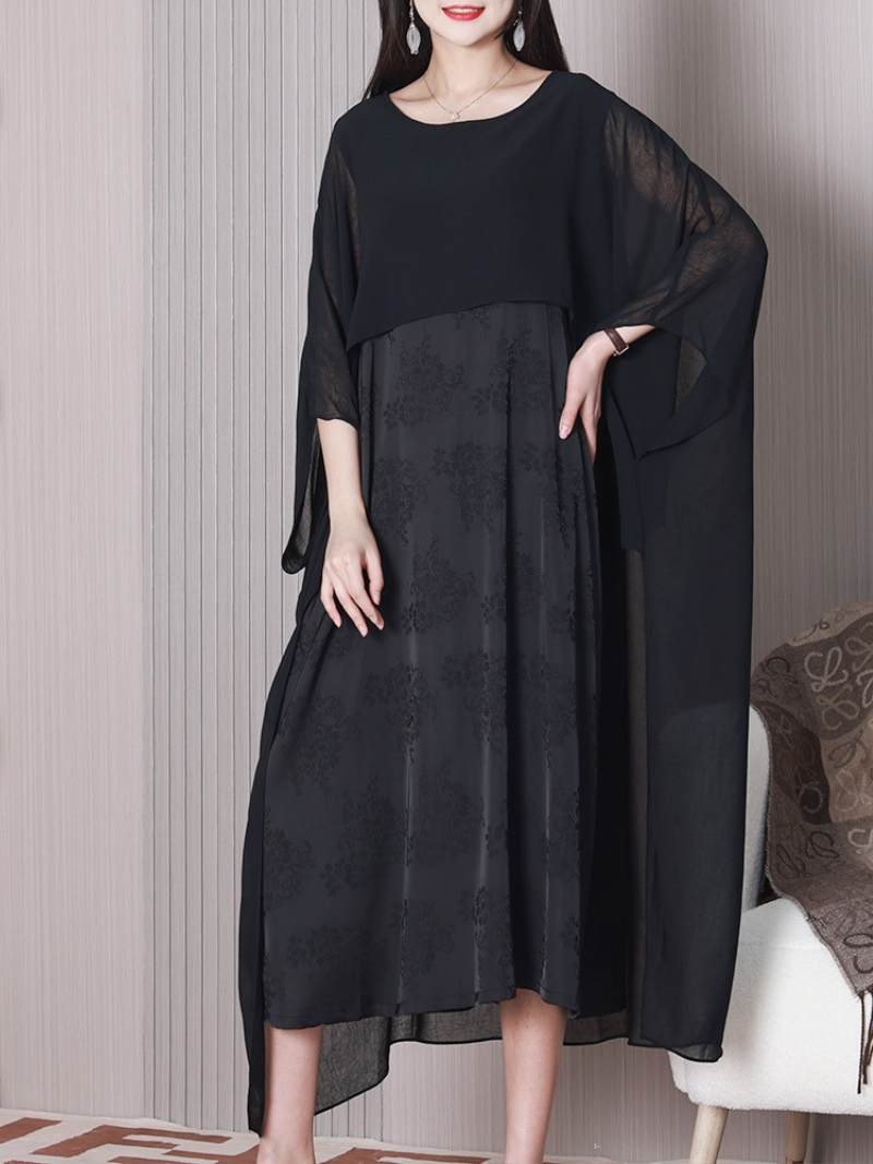Round Neck Abstract Stripe Print Batwing Sleeve Loose Midi Dress
