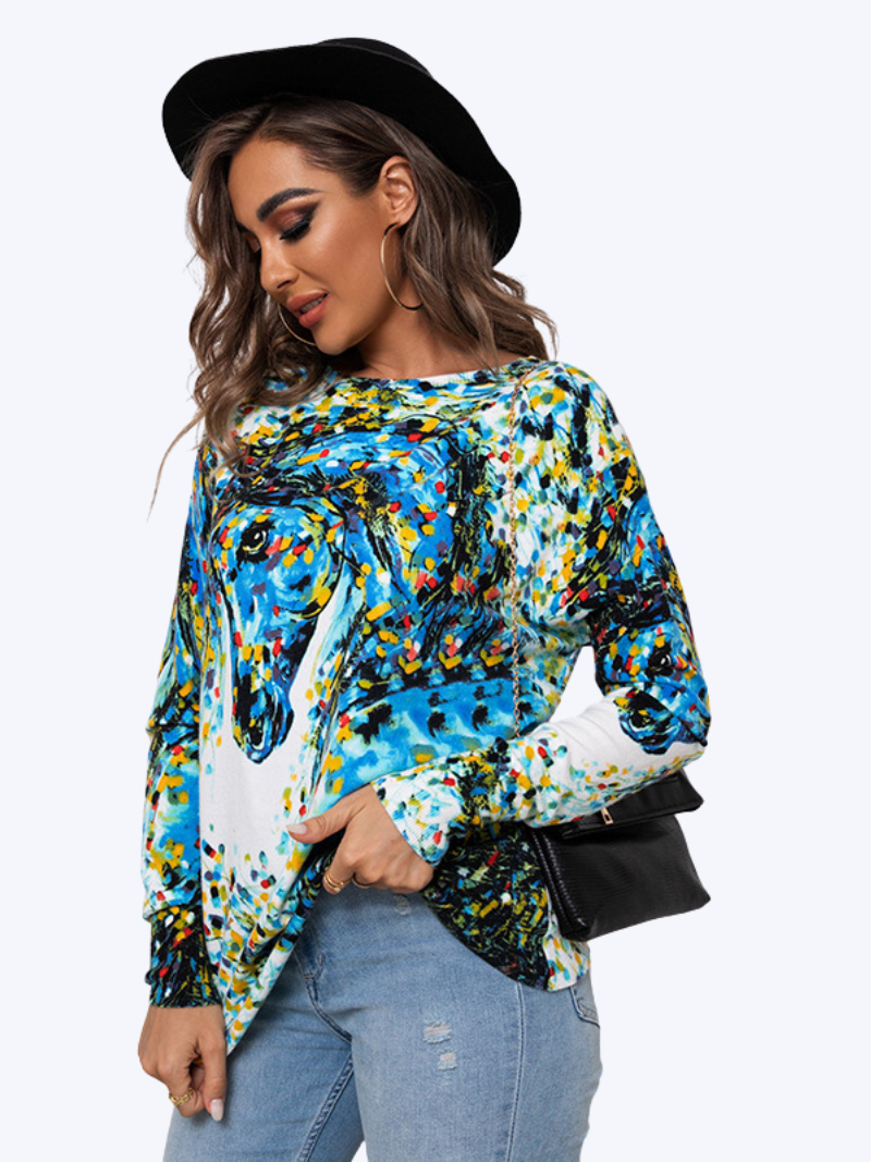 Multicolor Round Neck Abstract Horse Print Batwing Sleeve Loose Pullover Top