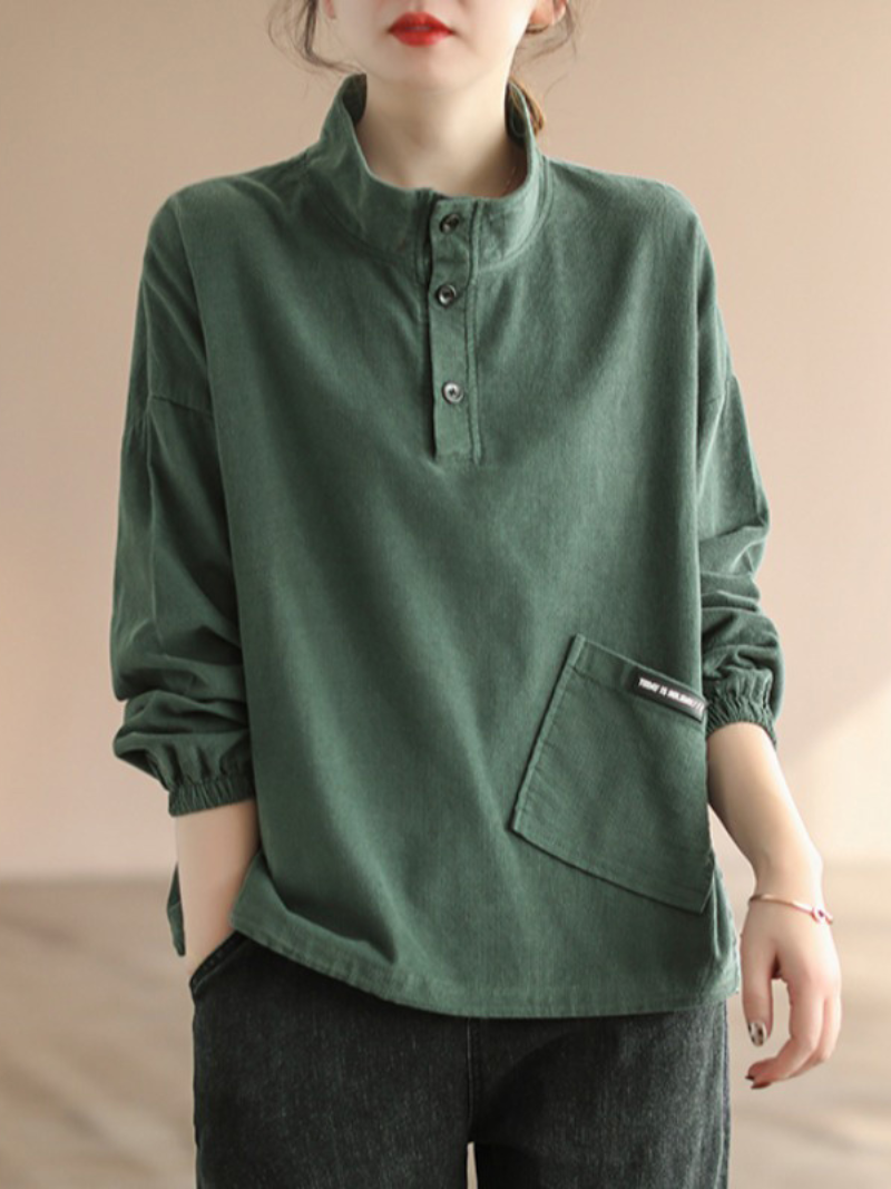 Stand Collar Button Placket Long Sleeve Patch Pocket Corduroy Top
