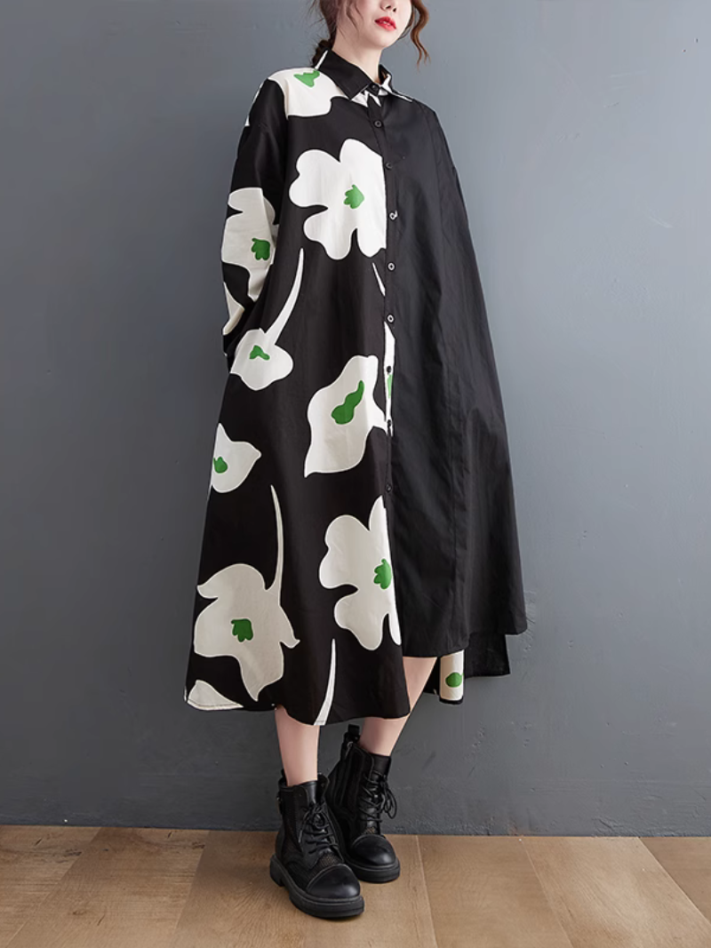 Collared Button Front Floral Print Long Sleeve Shirt Midi Dress