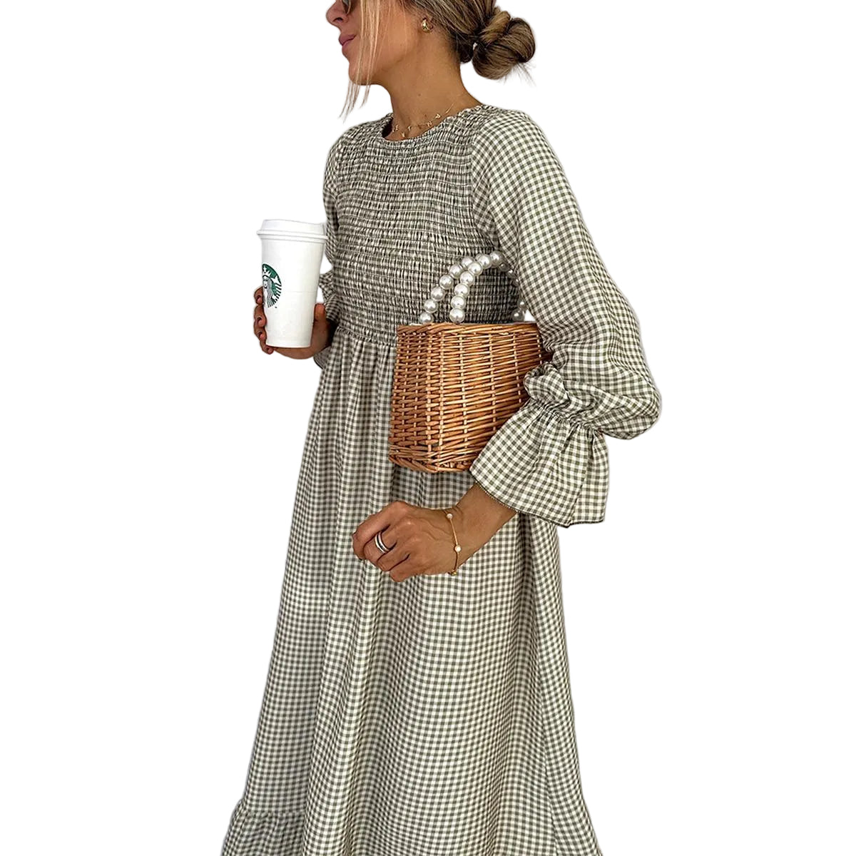 Round Neck Gingham Shirred Bodice Flounce Sleeve A-Line Maxi Dress