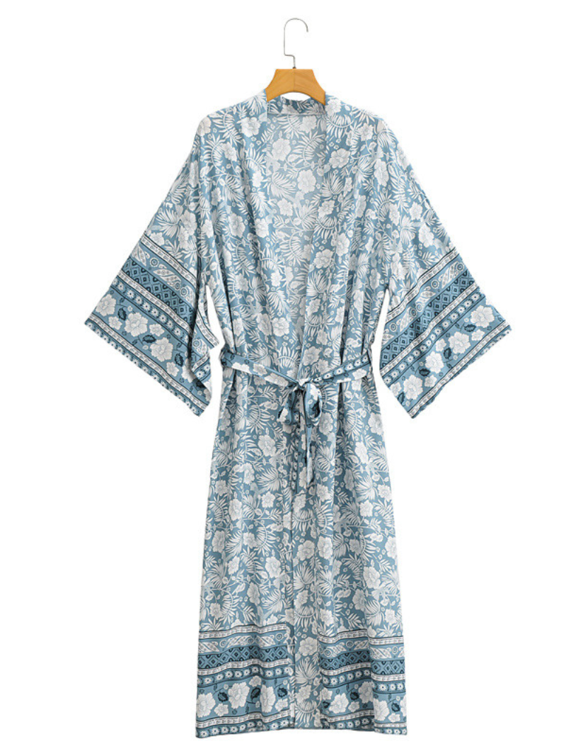 Floral Border Print Bohemian Belted Short Kimono Robe 2