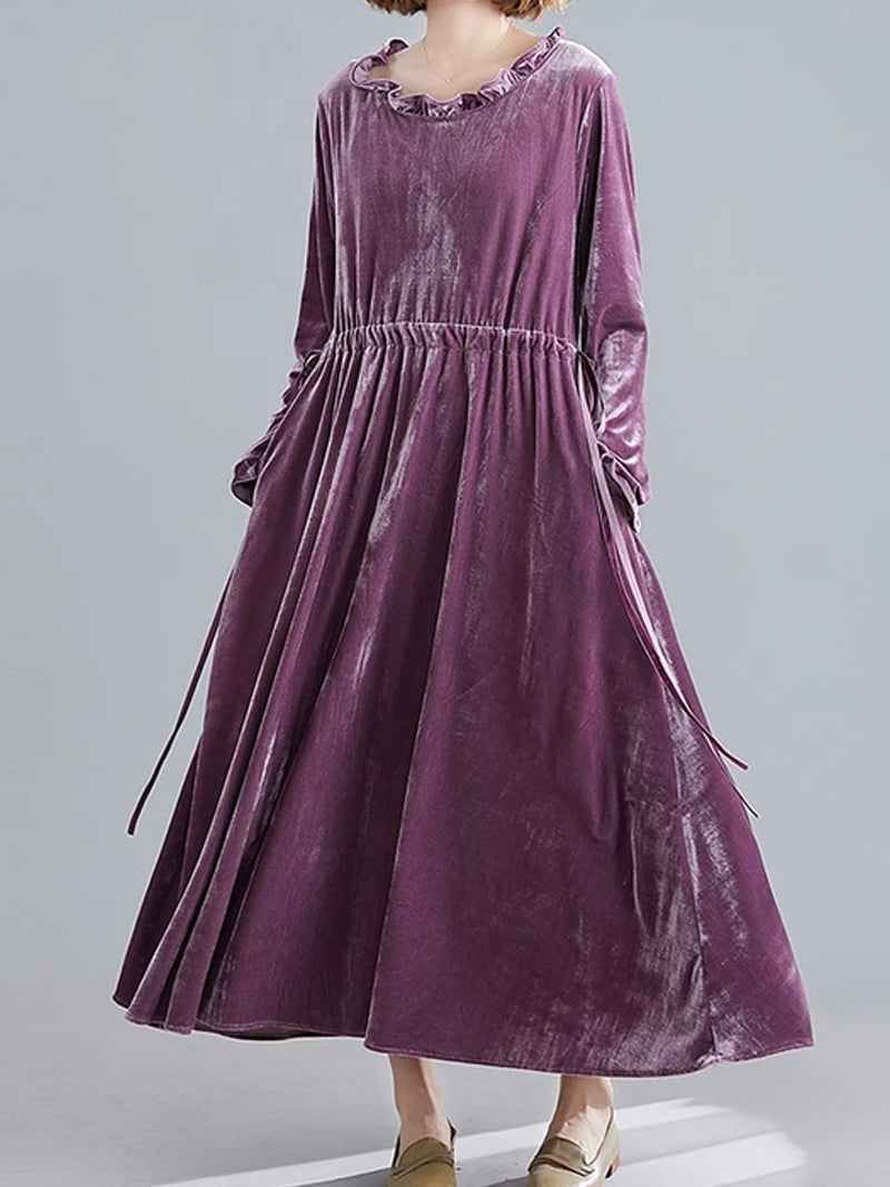 Purple Ruffle Neck Velvet Long Sleeve Drawstring Waist A-Line Midi Dress 4