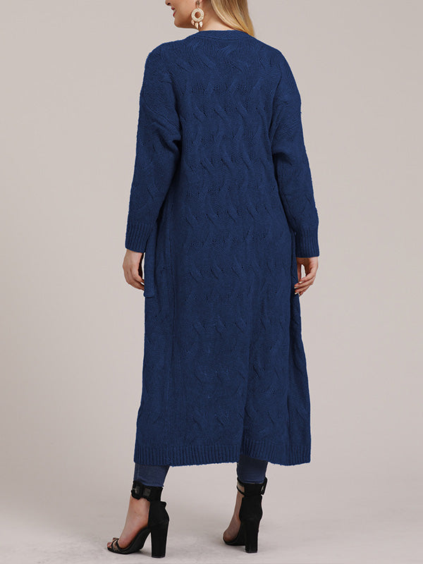 Open Front Cable Knit Pocket Longline Cardigan