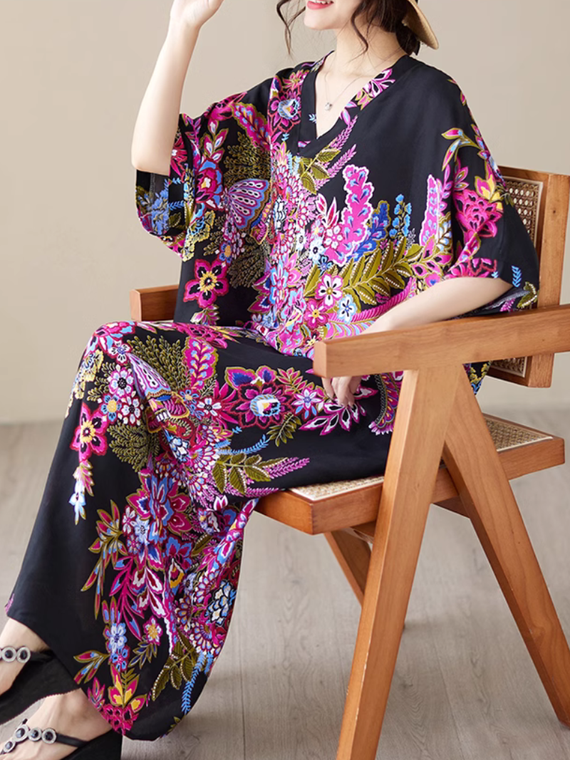 V-Neck Floral Paisley Print Batwing Sleeve Kaftan Maxi Dress 3