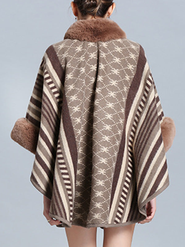 Faux Fur Collar Striped Aztec Print Cape Cardigan 15