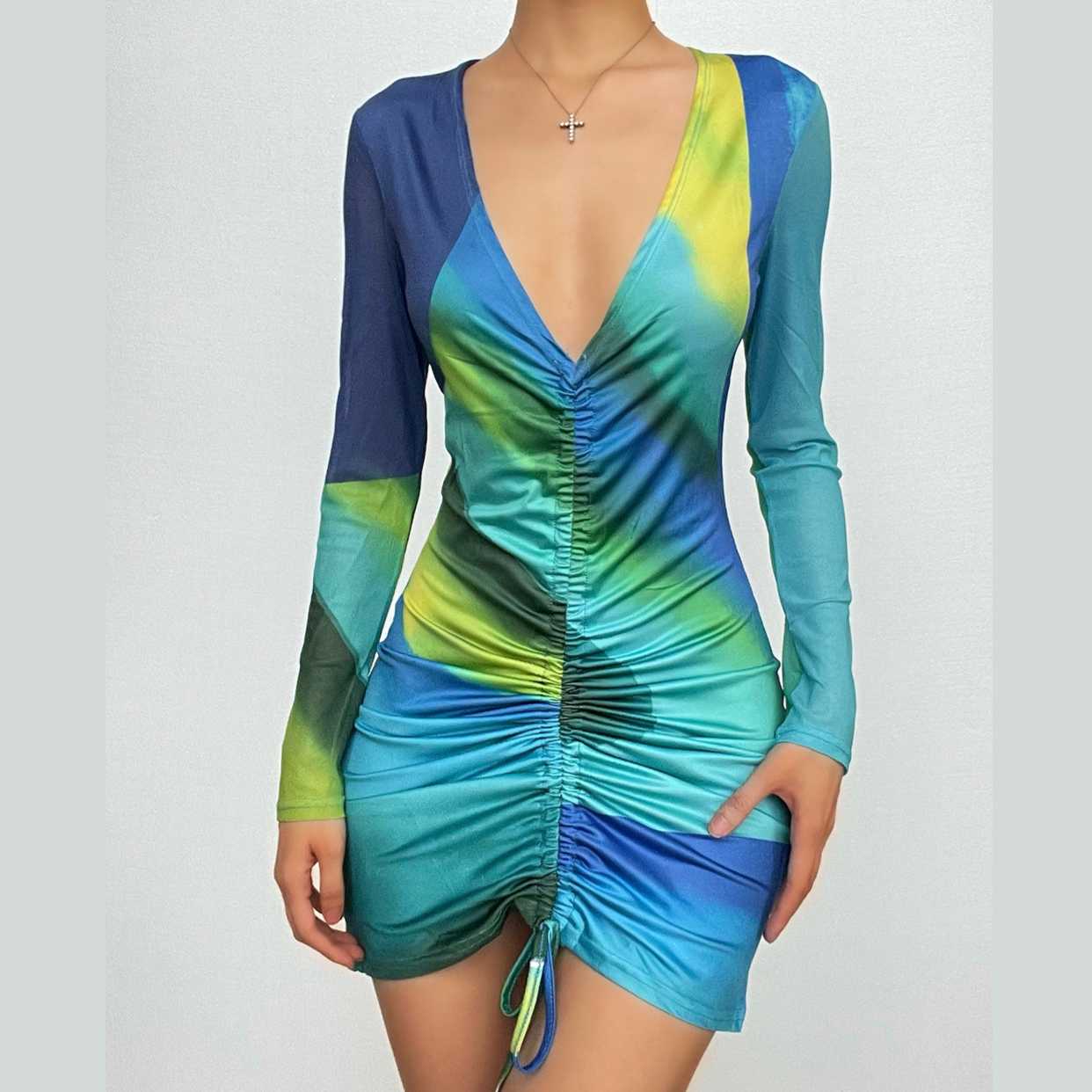 Contrast print drawstring long sleeve v neck ruched mini dress