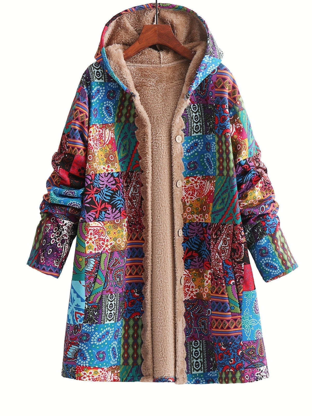 Hooded Ethnic Patchwork Print Fleece-Lined Button Front Longline Coat