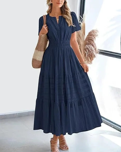 v-neck pleated puff sleeve dress black