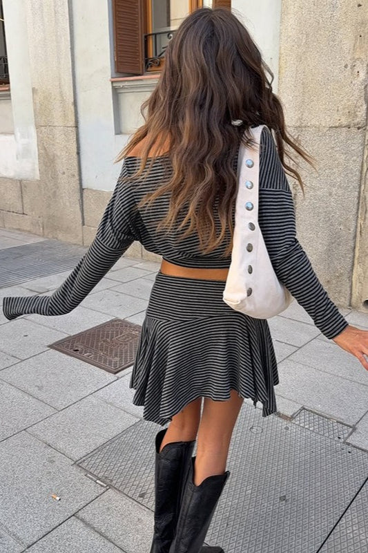 Striped Off Shoulder Long Sleeve Tee Asymmetrical Skirt Set