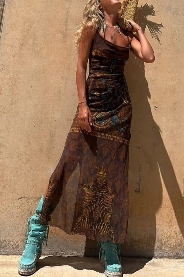 Griselda Exclusive Midi Dress with a Unique Gypsy Style Print, Cowl Neckline At the Back, Lace Up Fastening and Slit Evening Wear Edit
