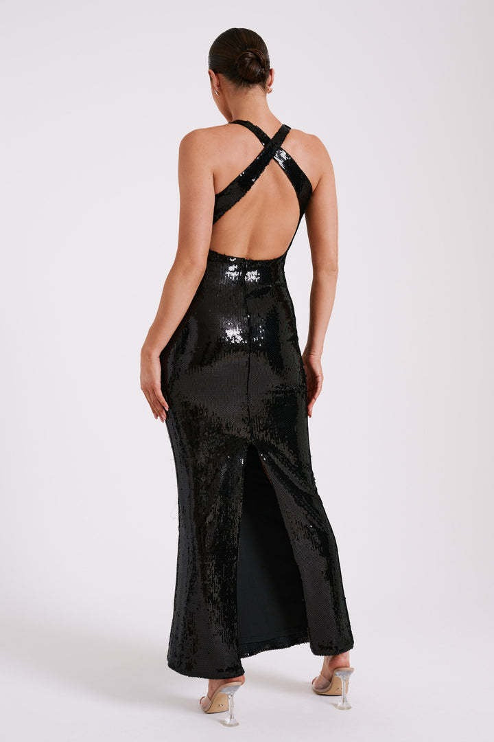 Backless Floral Sequin Maxi Dress