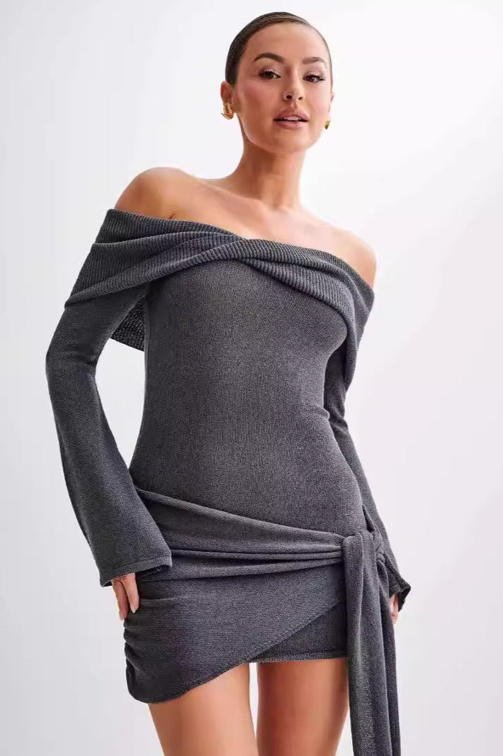 Sheer Spaghetti Strap OffShoulder Fitted Knit Maxi Sweater Dress