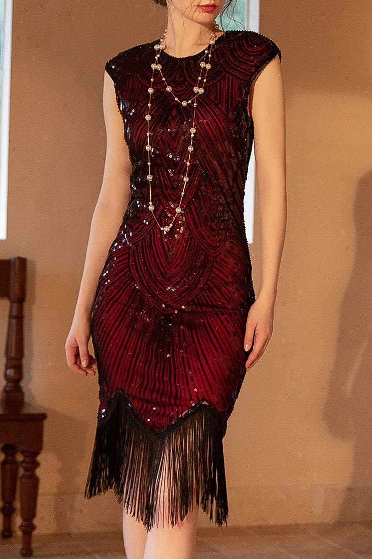 Red Round Neck Sleeveless Sequin Fringe Flapper Bodycon Midi Dress