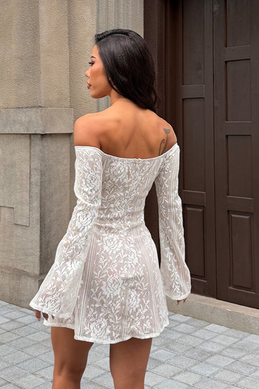 Off Shoulder Long Sleeve Lace Waist Cinched Floral Dress