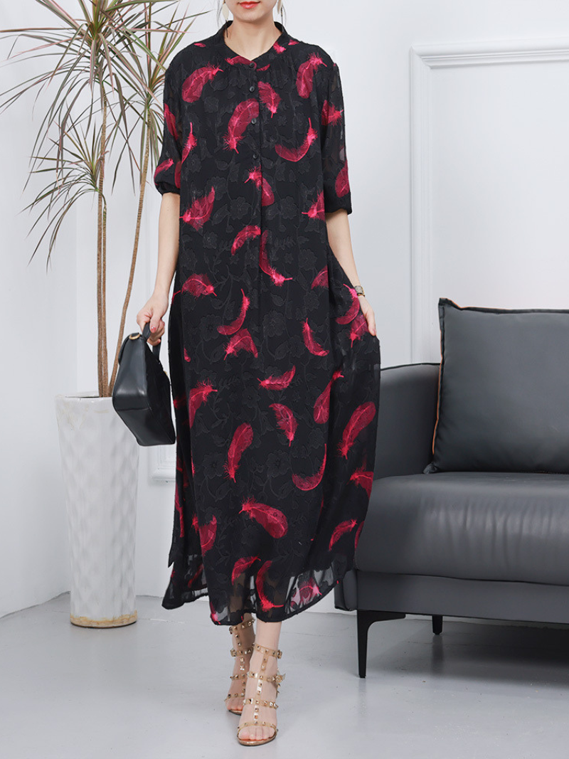 Stand Collar Half Sleeve Feather Print Loose Maxi Dress 3
