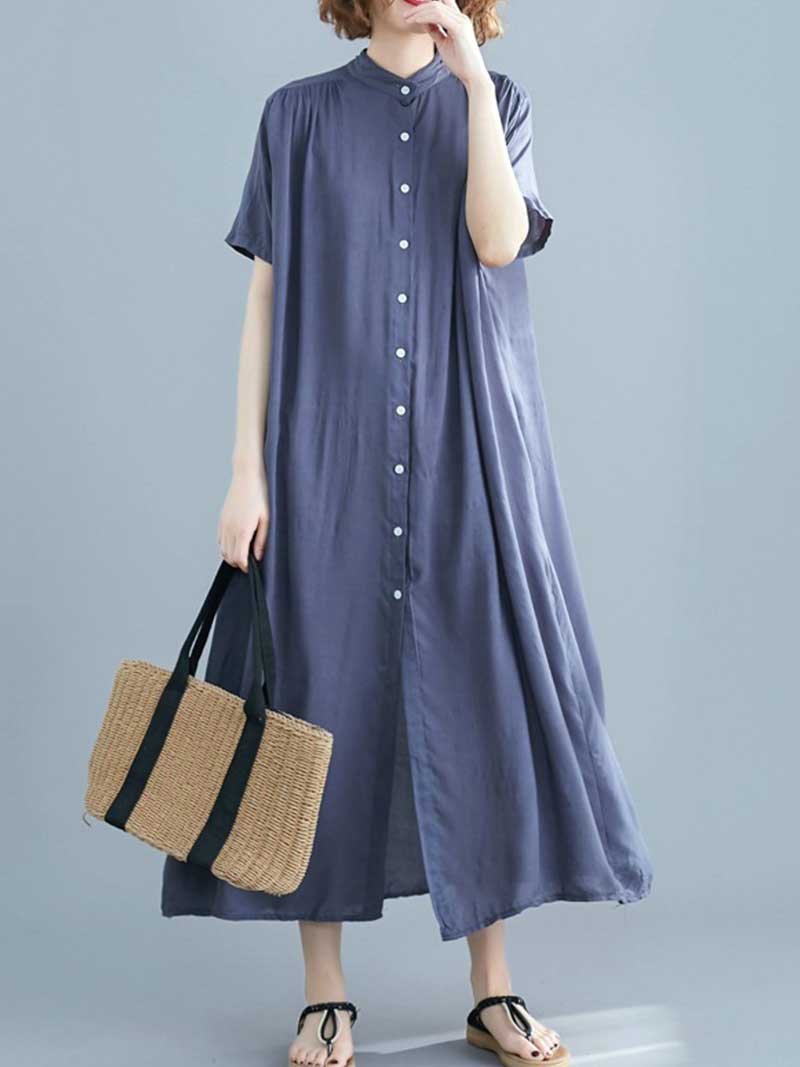 Button Front Short Sleeve Loose Cotton Shirt Maxi Dress 13