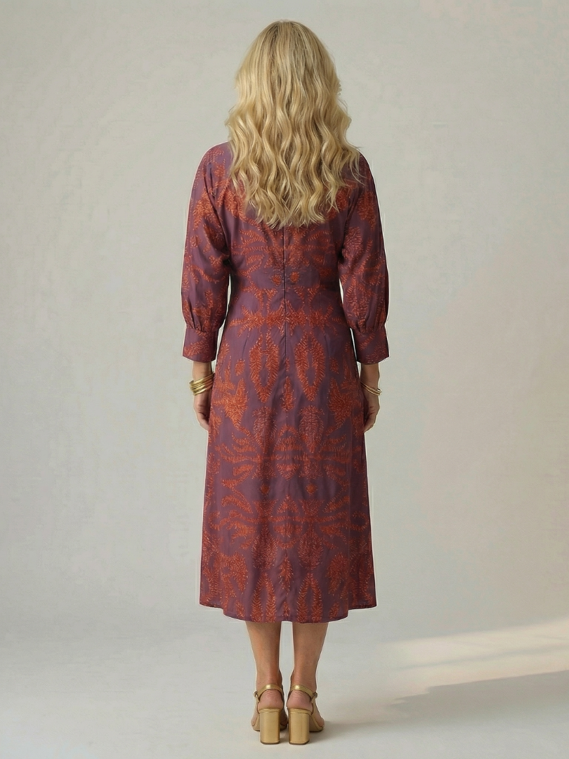 V-Neck Twist Front Long Sleeve Abstract Print Sheath Midi Dress
