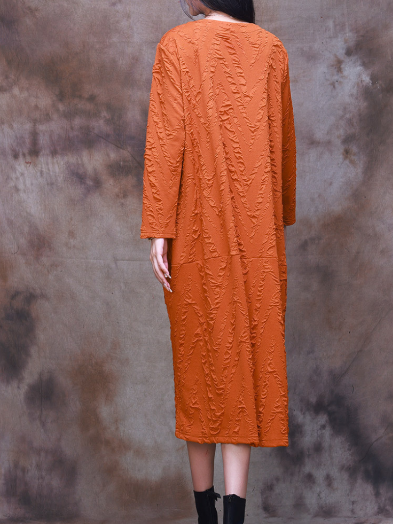 V-Neck Textured Long Sleeve Pocket Loose Midi Dress 4