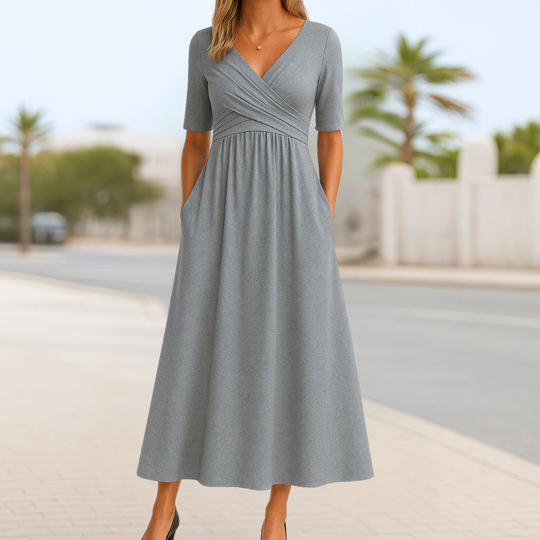 Surplice V-Neck Wrap Bodice Short Sleeve Pleated Waist A-Line Midi Dress 5