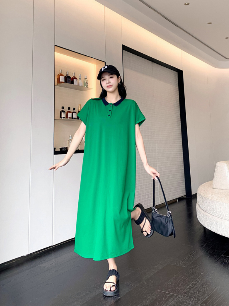 Polo Collar Button Short Sleeve Loose A-Line Maxi Dress