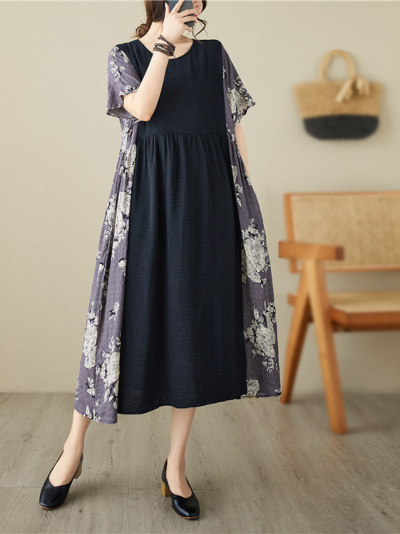 Black Round Neck Short Sleeve Floral Panel Pleated A-Line Midi Dress