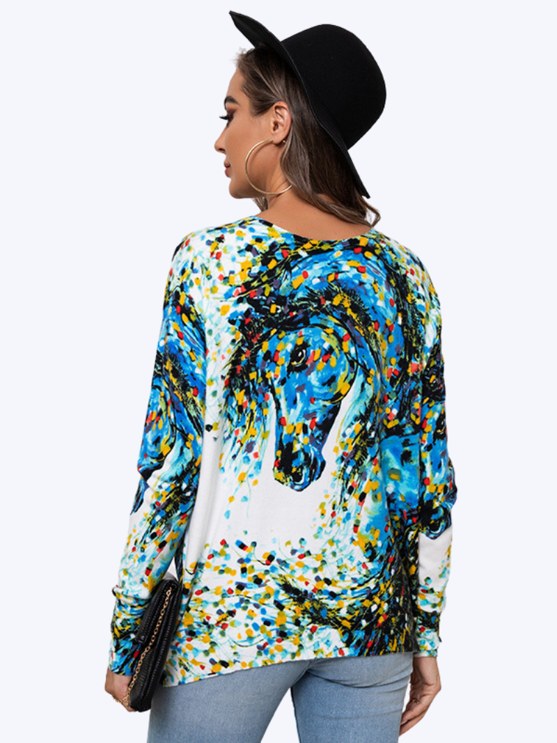 Multicolor Round Neck Abstract Horse Print Batwing Sleeve Loose Pullover Top