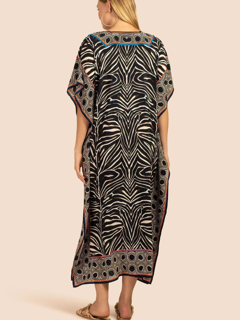 Black V-Neck Animal Print Border Trim Kaftan Maxi Dress 3