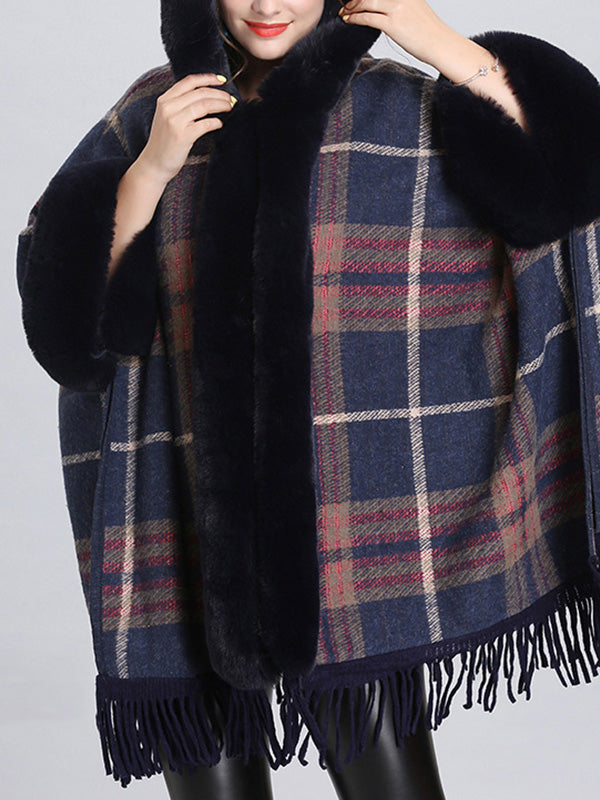 Faux Fur Trim Plaid Tassel Hem Cape Poncho Cardigan