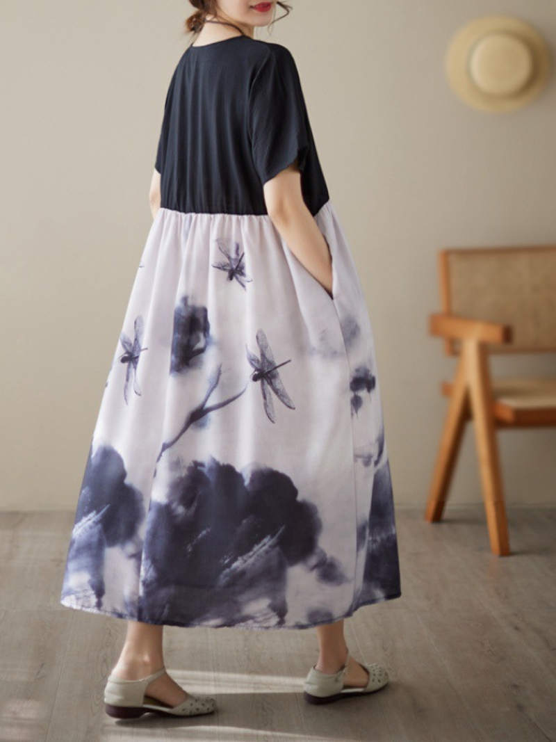 Black Round Neck Short Sleeve Ink Print A-Line Midi Dress 5