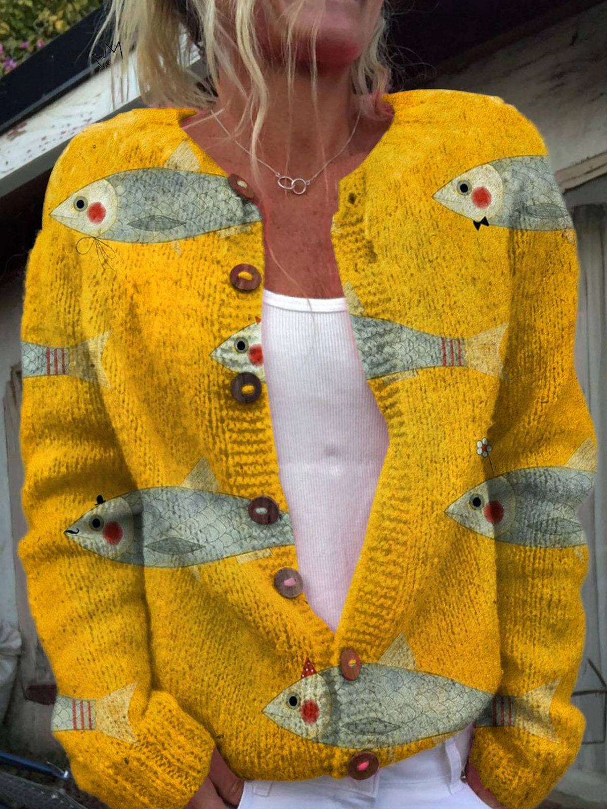 Round Neck Fish Print Button Front Knit Cardigan