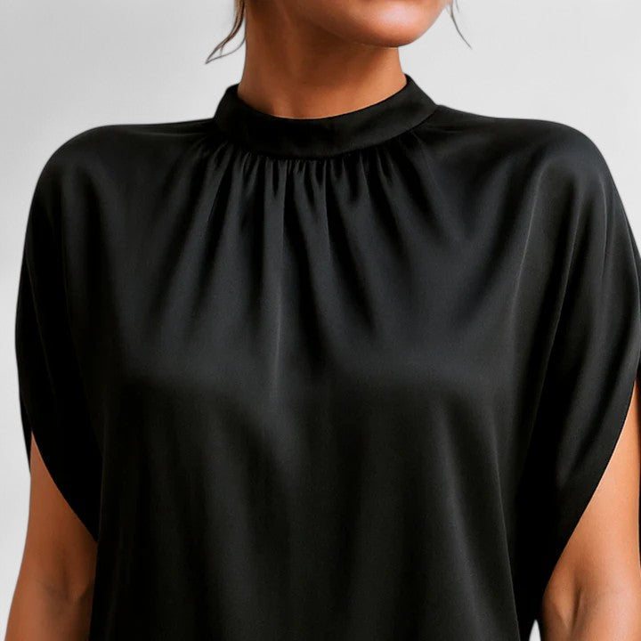 Black Mock Neck Satin Gathered Dolman Sleeve Shift Mini Dress 4