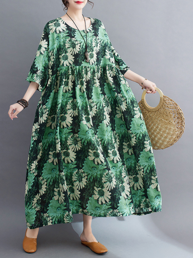 Round Neck Half Sleeve Daisy Floral Print Smock Maxi Dress 4