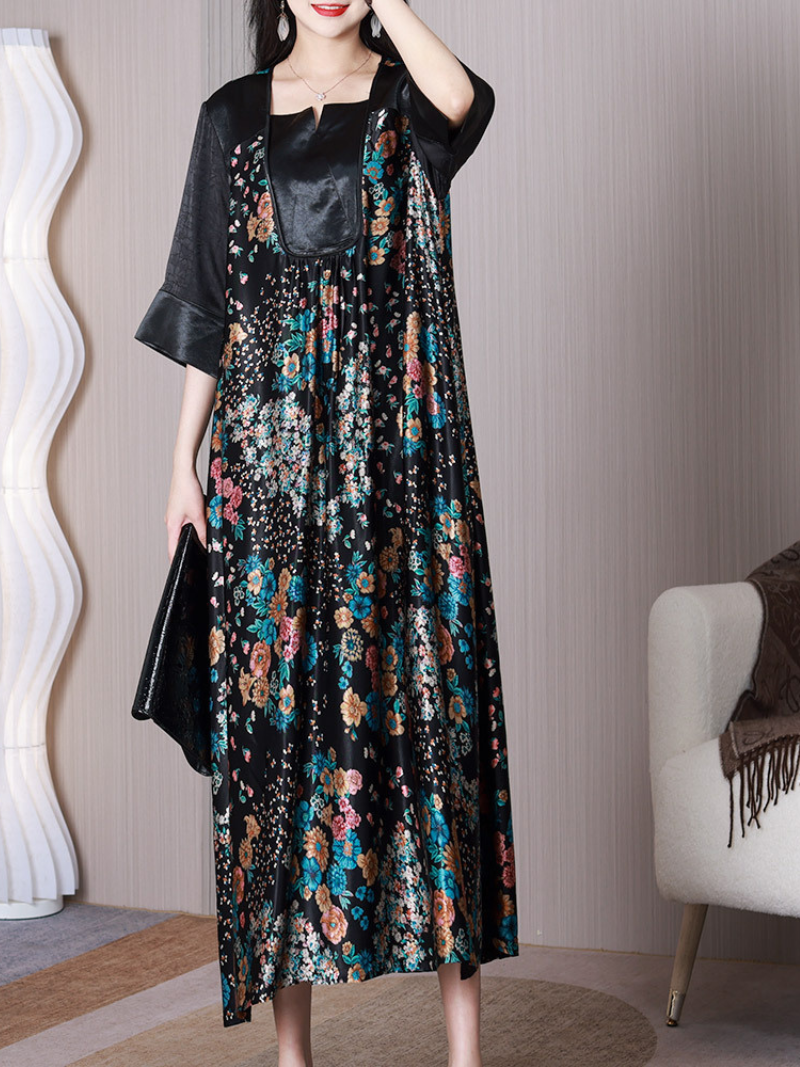 Notch Square Neck Floral Print Half Sleeve Loose A-Line Maxi Dress