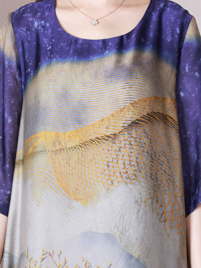 Round Neck Tree Print Half Sleeve Loose Silk Maxi Dress